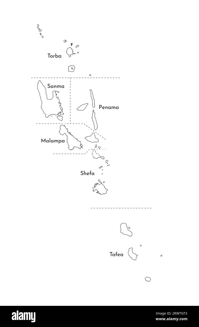 Vektorisolierte Darstellung der vereinfachten Verwaltungskarte Vanuatu. Grenzen und Namen der Provinzen (Regionen). Silhouetten mit schwarzen Linien. Stock Vektor