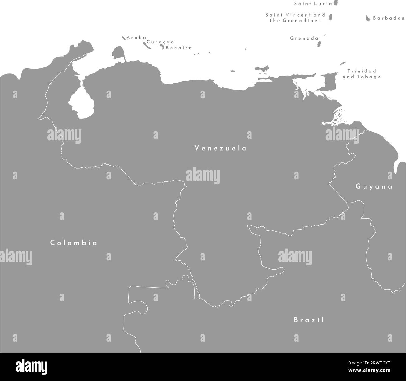 Vector Modern Illustration. Vereinfachte Karte von Venezuela im Ötzer und Grenzen zu Nachbarländern (Kolumbien, Brasilien, Guyana und etc.) in Grau Stock Vektor