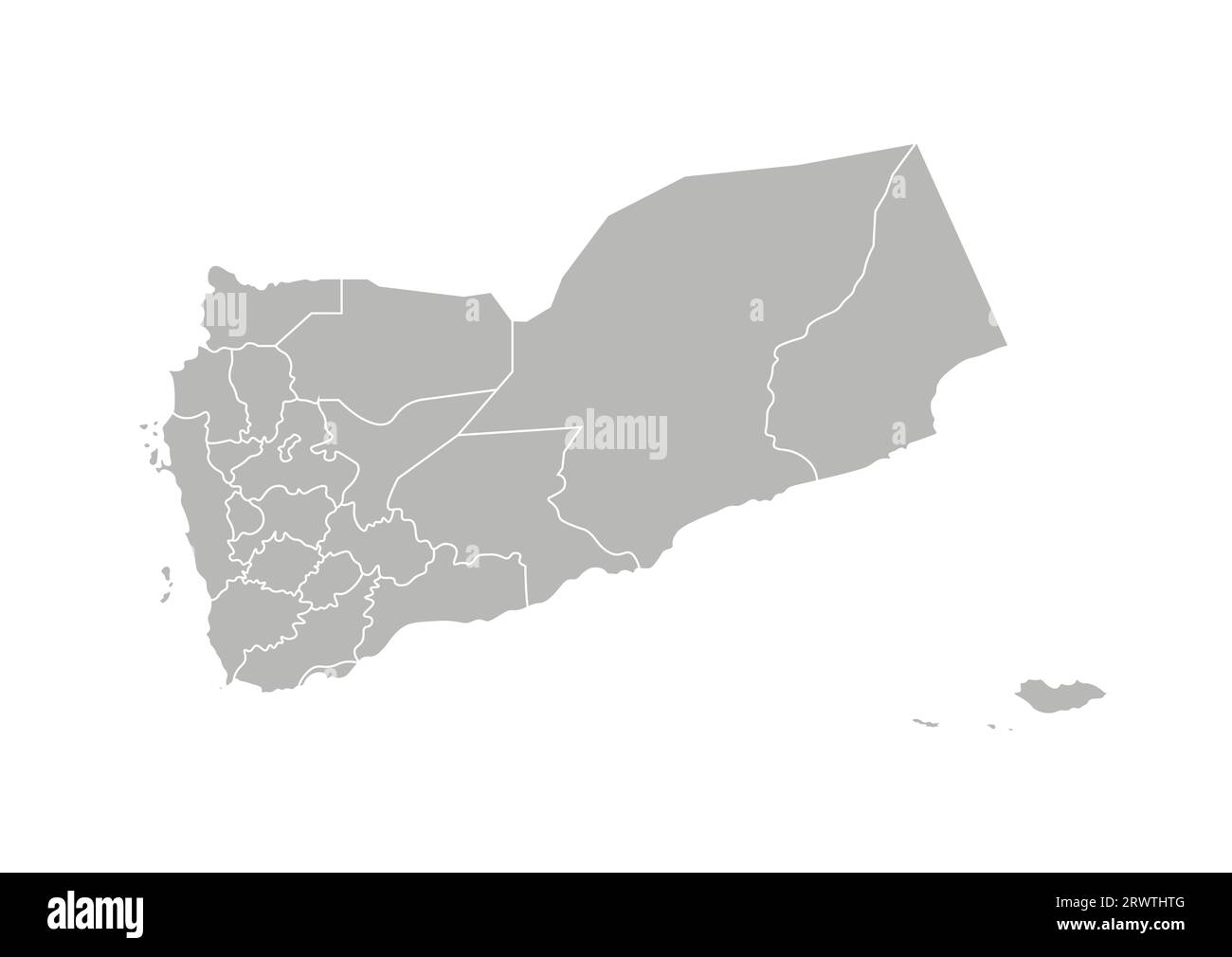 Vektorisolierte Darstellung einer vereinfachten Verwaltungskarte Jemens. Grenzen der Provinzregionen (Gouvernements). Graue Silhouetten. Weiße Omelettes Stock Vektor
