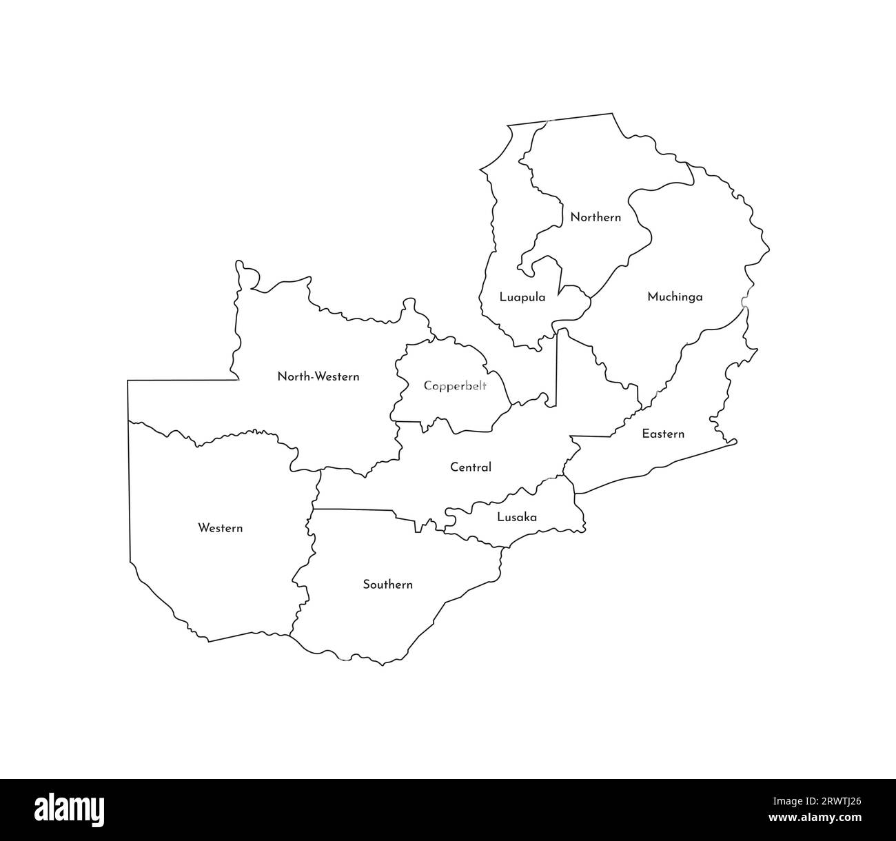 Vektor-isolierte Illustration einer vereinfachten Verwaltungskarte Sambias. Grenzen und Namen der Provinzen (Regionen). Silhouetten mit schwarzen Linien. Stock Vektor