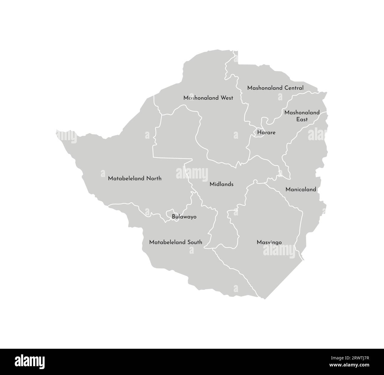 Vektor-isolierte Illustration der vereinfachten Verwaltungskarte Simbabwes. Grenzen und Namen der Provinzen (Regionen). Graue Silhouetten. Weiße Omelettes Stock Vektor