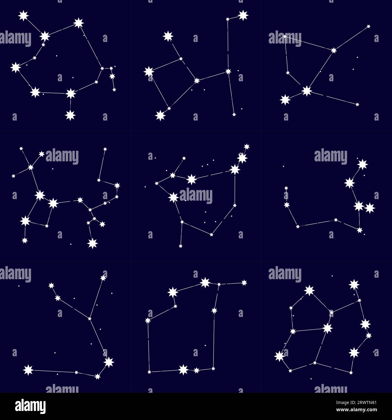 Feenkonstellationen gegen den Nachthimmel. Anhäufung und Assoziation von Sternen zu astrologischen Zeichen und Symbolen. Astrologischer Hintergrund. Einfacher Vektor Stock Vektor