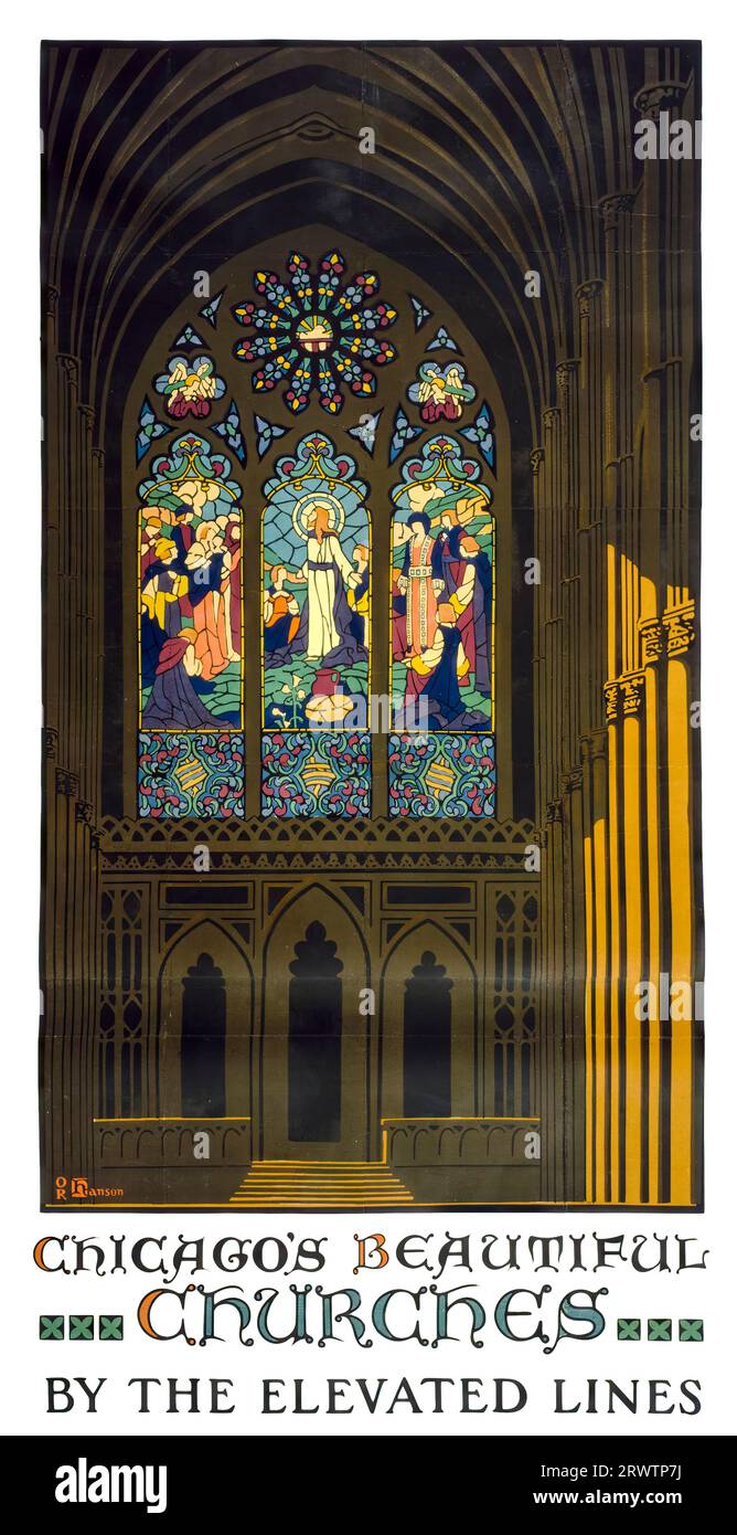 Chicagos wunderschöne Kirchen, an den erhöhten Linien, amerikanisches Vintage-Reiseplakat, 1923 Stockfoto