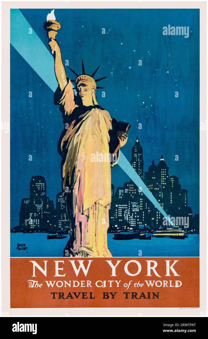1920er Jahre amerikanisches Vintage-Reiseplakat, New York, Travel by Train, 1927 Stockfoto