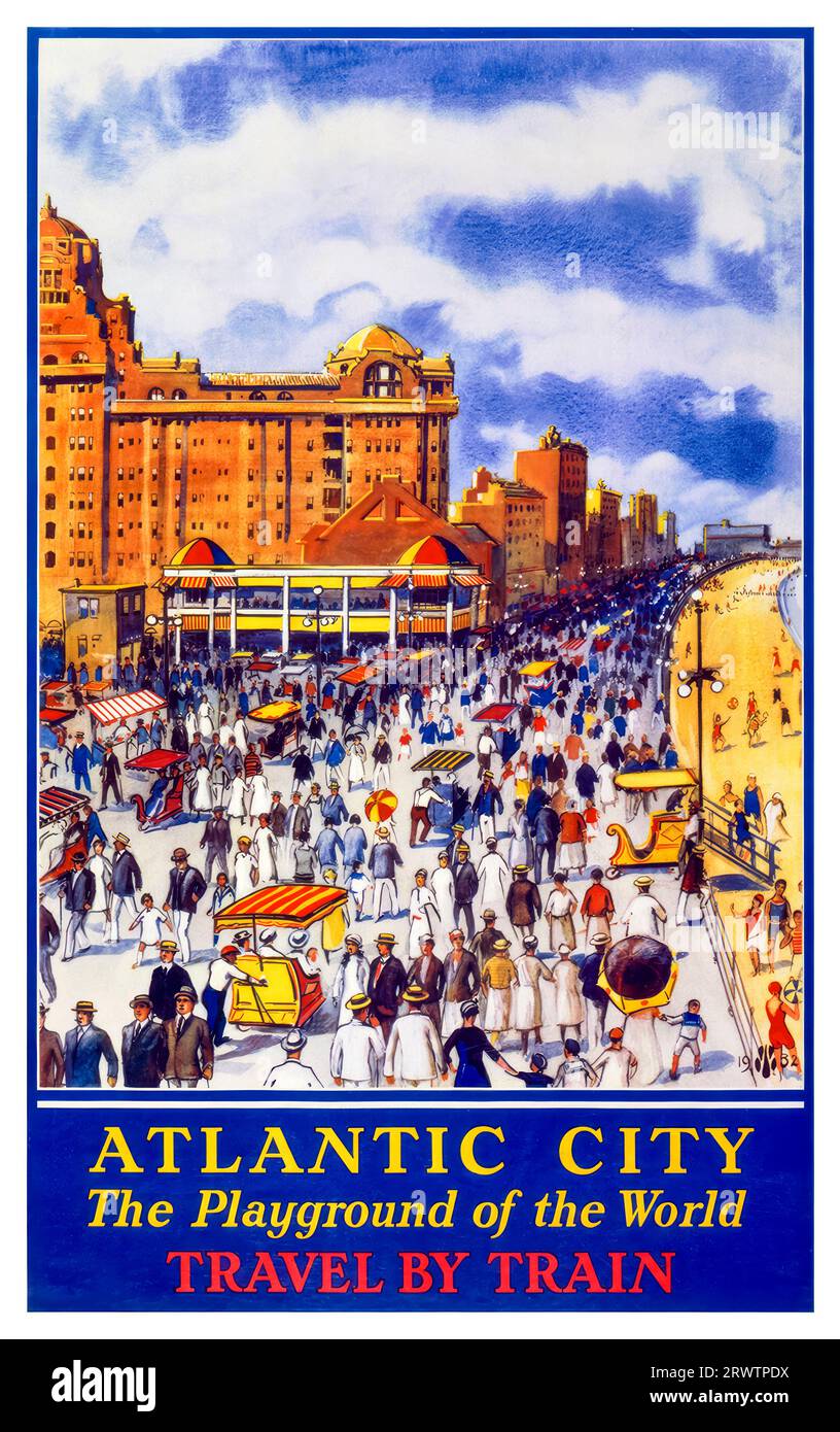 Atlantic City, Reise mit dem Zug, amerikanisches Vintage-Reiseplakat, 1932 Stockfoto