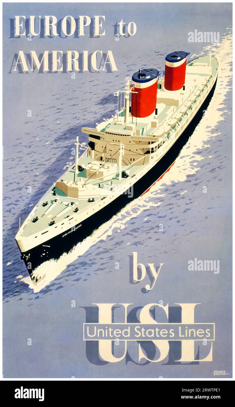 Transatlantic Crossing, Liner „United States“ at Sea, amerikanisches Vintage-Reiseplakat, um 1955 Stockfoto