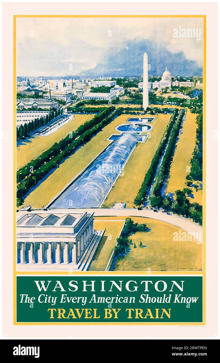 1930er Jahre amerikanisches Vintage-Reiseplakat, Washington DC, Travel by Train, 1930-1939 Stockfoto