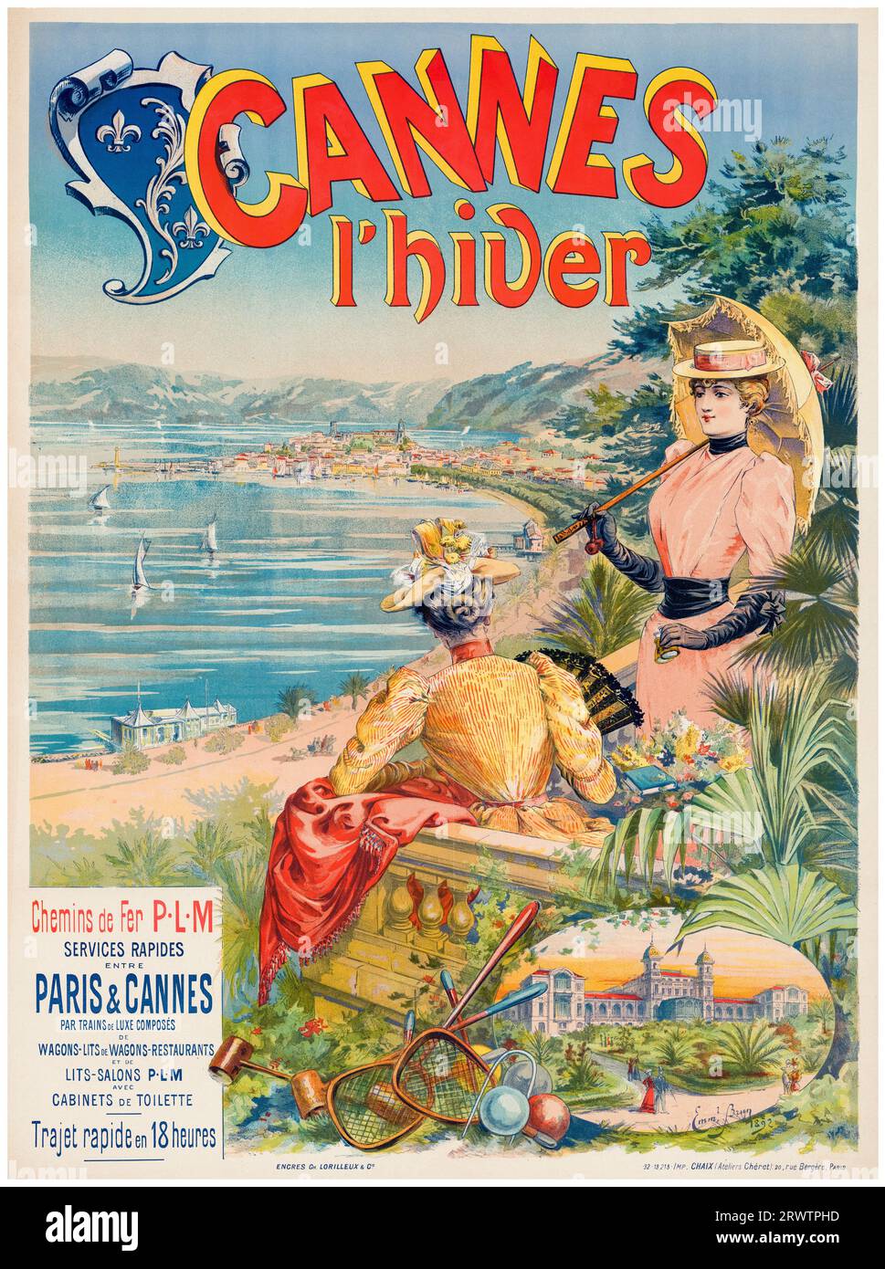 Französisches Vintage-Reiseplakat der 1890er Jahre, Winter in Cannes, Chemins de fer PLM (PLM Railways), 1892 Stockfoto Französisches Vintage-Reiseplakat der 1890er Jahre, Winter in Cannes, Chemins de fer PLM (PLM Railways), 1892 Stockfoto