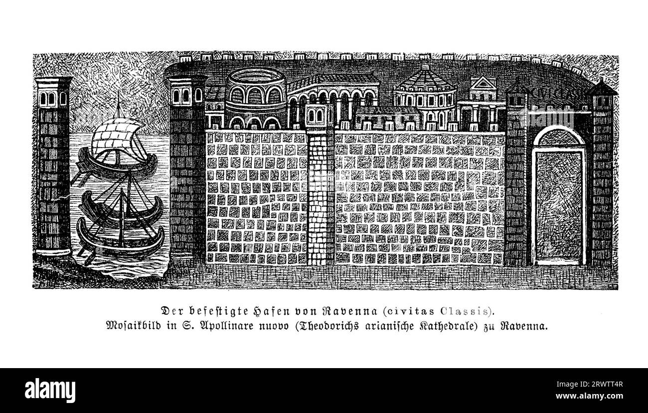 Mosaik des befestigten Hafens von Classe (civitas Classis) der alte Hafen von Ravenna in der Basilika Sant’Apollinare Nuovo arian in Ravenna, errichtet vom ostrogotischen König Theoderich dem Großen als seine Palastkapelle im 6. Jahrhundert Stockfoto