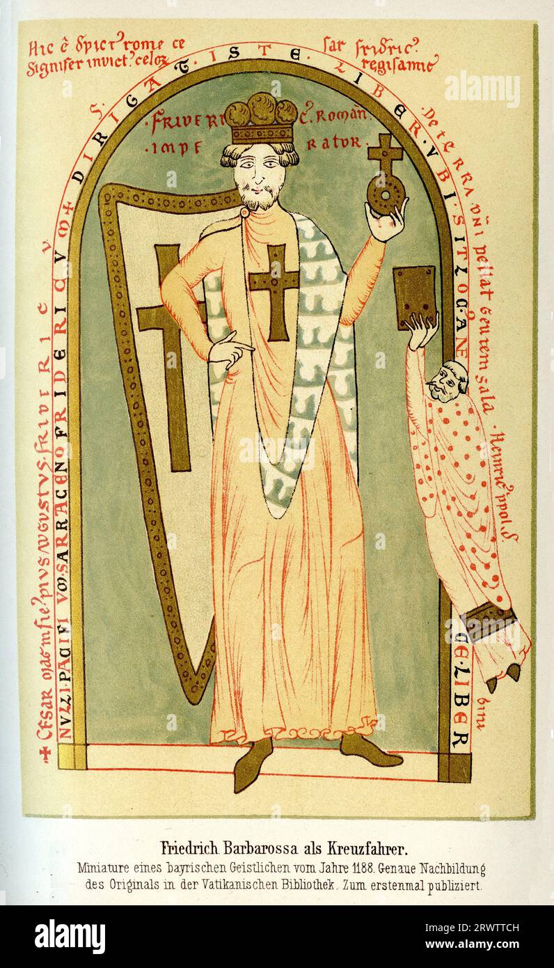 Miniatur des Kaisers Friedrich I. Barbarossa als Kreuzritter mit Krone, Schild und Reichsapfel mit Kreuz, 12. Jahrhundert Stockfoto