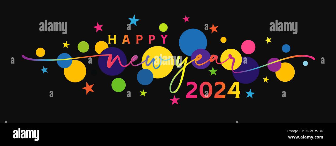 Frohe Neujahrsgrüße 2024 mit bunten Schnüren, Sternen und Kreisformen. Dekorative Linien Regenbogenfarben Typografie. Kreativer Vektor Stock Vektor