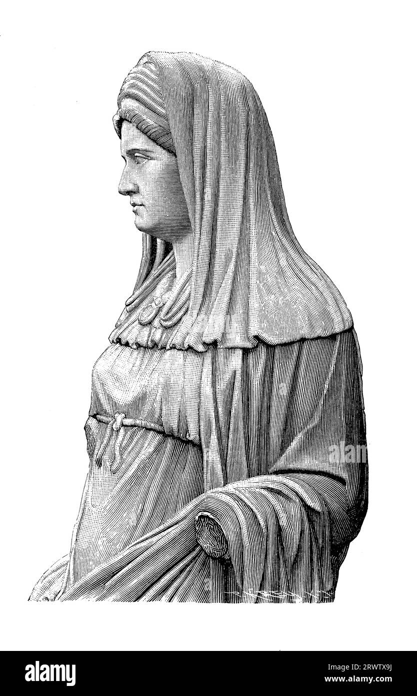 Römische Statue einer Virgo Vestalis Maxima aus dem 2. Jahrhundert n. Chr., Priesterin der Jungfrau Vesta, Göttin des Herdes, Heim und Familie in römischer Religion (Nationales Römisches Museum) Stockfoto