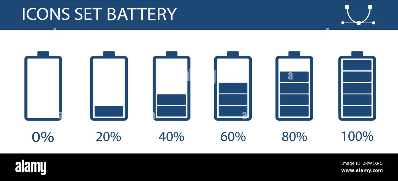 Lineare Symbole zum Laden der Batterie eingestellt. Batteriestatusanzeigen. Niedrige, mittlere und hohe Ladung. Symbole für dünne Linienkonturen. Isolierte Vektorkontur Stock Vektor