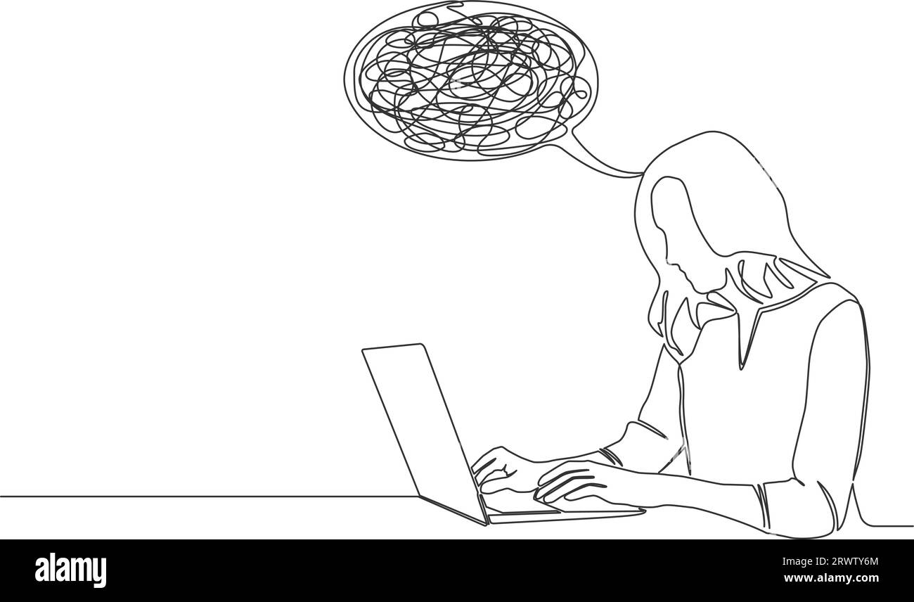Durchgehende einzeilige Zeichnung einer gestressten oder verwirrten Frau mit Laptop-Computer, Strichgrafik-Vektorillustration Stock Vektor