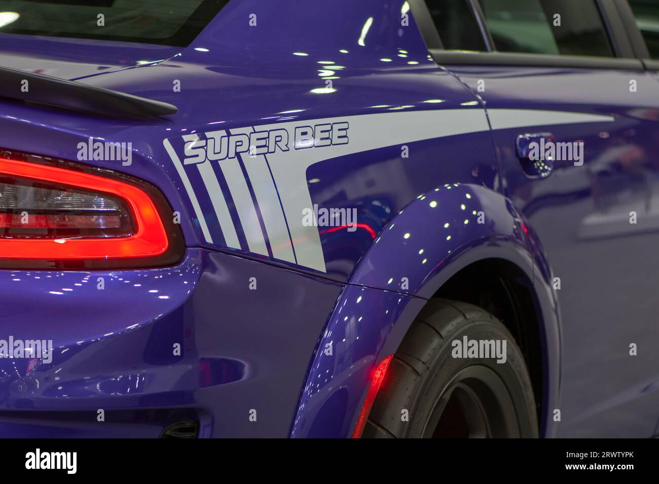 DETROIT, MI/USA - 13. SEPTEMBER 2023: Close-up eines 2023 Dodge Charger Super Bee Widebody 'Last Call' Racing Stripe, North American International DETR Stockfoto