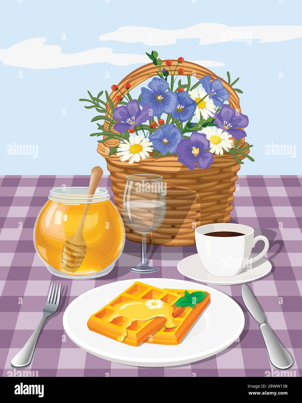 Vektor-Illustration von Hand gezeichnetes Frühstück mit Kaffee, Waffeln, Blumenkorb und Honig Stock Vektor