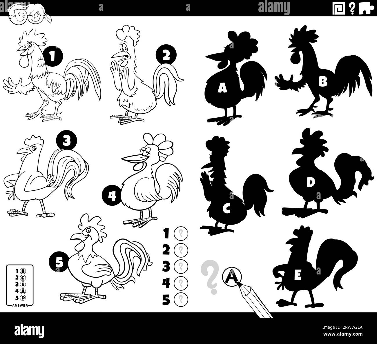 Schwarz-weiß-Karikaturillustration der Suche nach den richtigen Schatten zu den Bildern Lernspiel mit Hähnen Vögel Bauernhof Tier Charaktere Färbung Stock Vektor