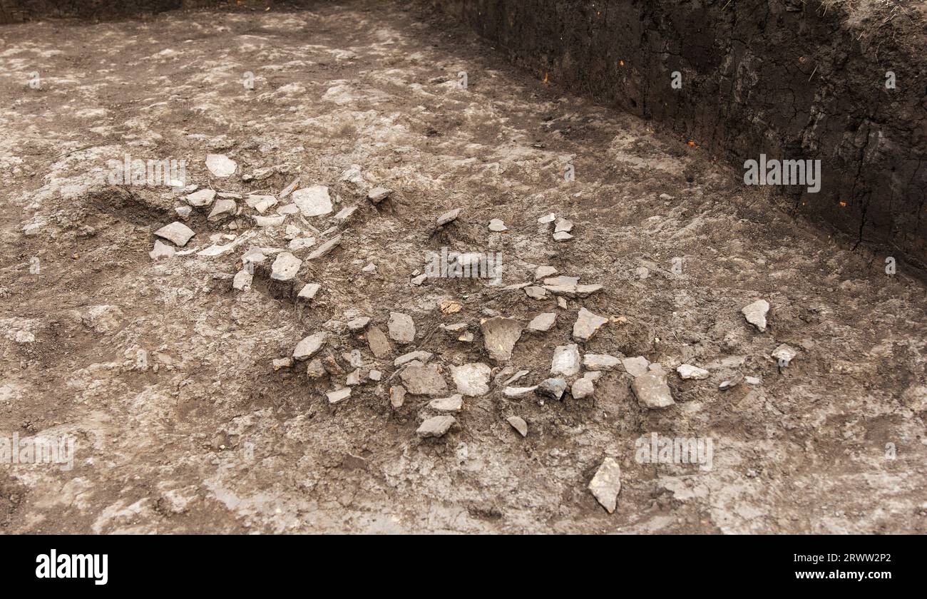 Archäologische Arbeiten, ausgegrabene Gürtelrose, Stücke von antiken Tonartefakten, Gefäße in Lehmboden, Hintergrund Stockfoto
