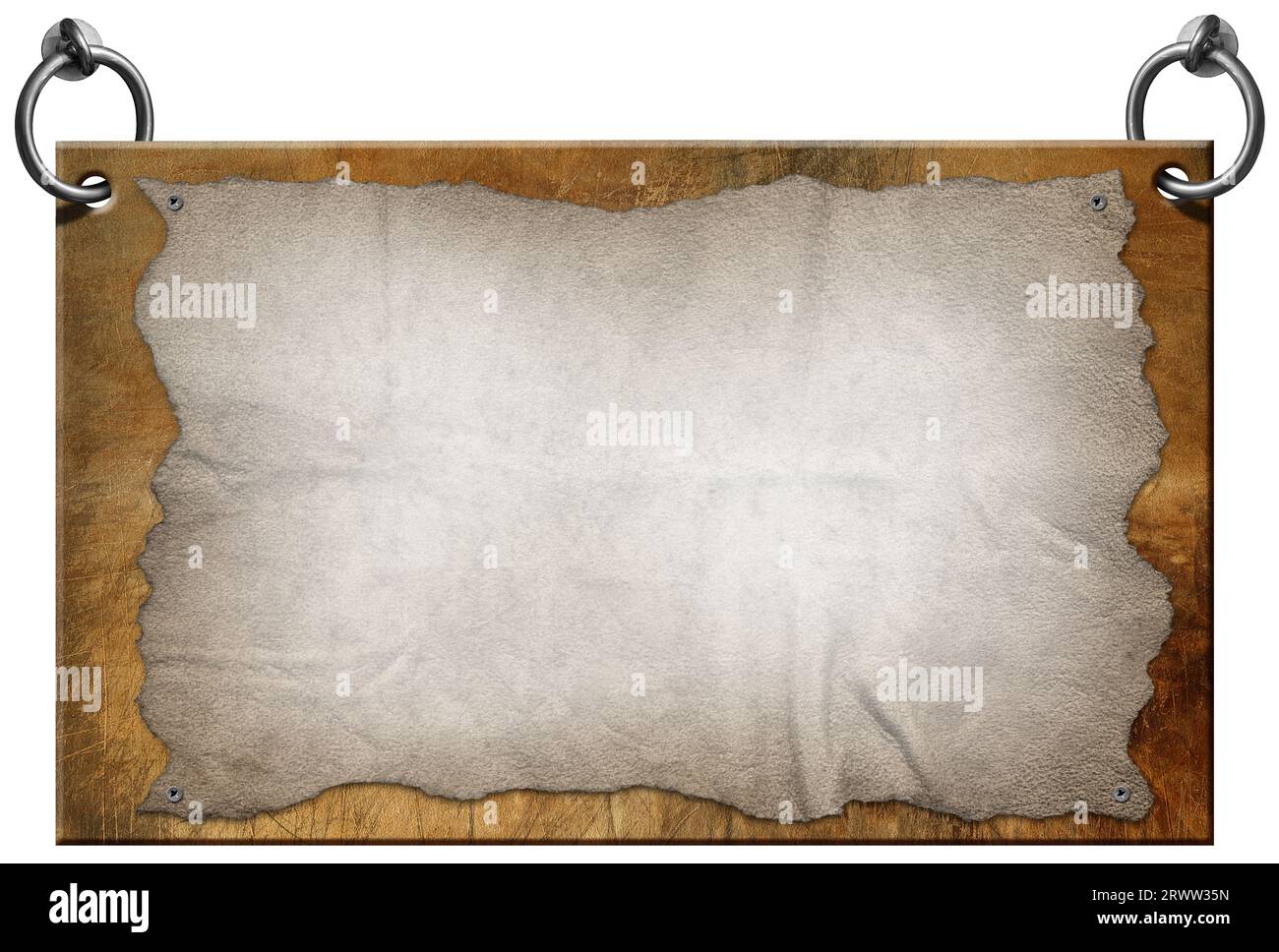 Metallschild mit leerem Pergament (altes Papierblatt) und Stahlringen zum Aufhängen. Isoliert auf weißem Hintergrund und Kopierraum, Vorlage. Stockfoto