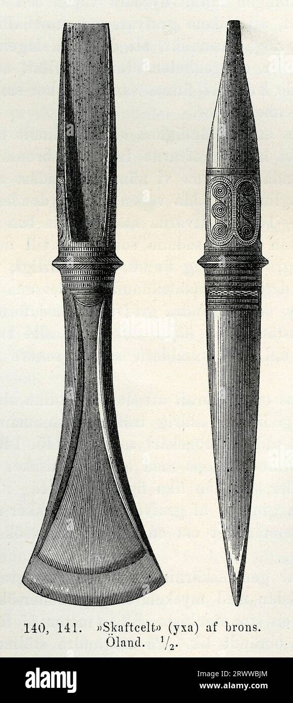 Bronzeleiste aus Öland, Schweden. Datiert in die Bronzezeit 2. Die Holzschnitte 140 und 141 auf Seite 110 in Schwedens heidnischer Zeit sowie im Mittelalter, der letzten Stufe, von 1060 bis 1350 (1877) von Oscar Montelius. Stockfoto