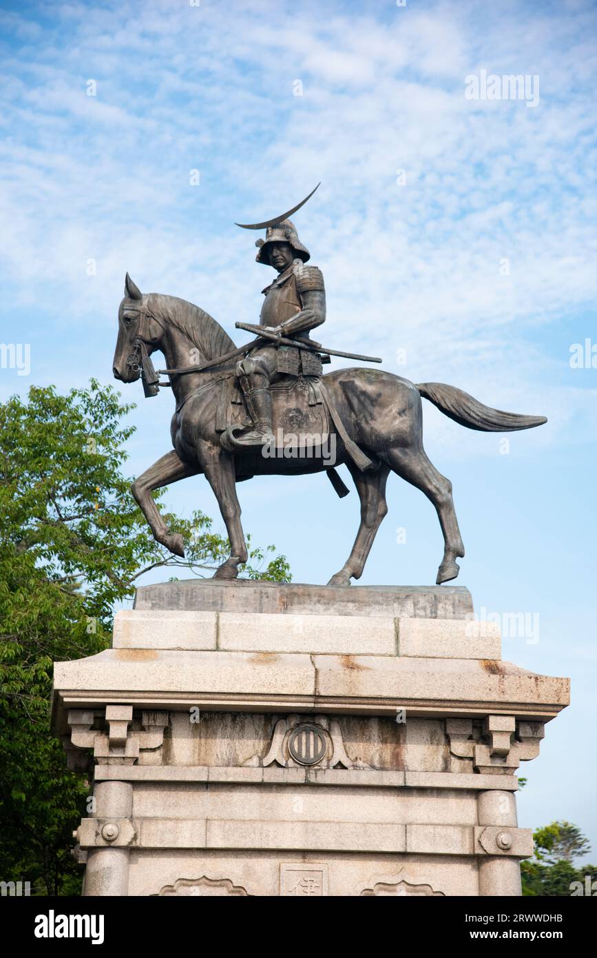 Statue von Date Masamune auf einem Pferd Stockfoto