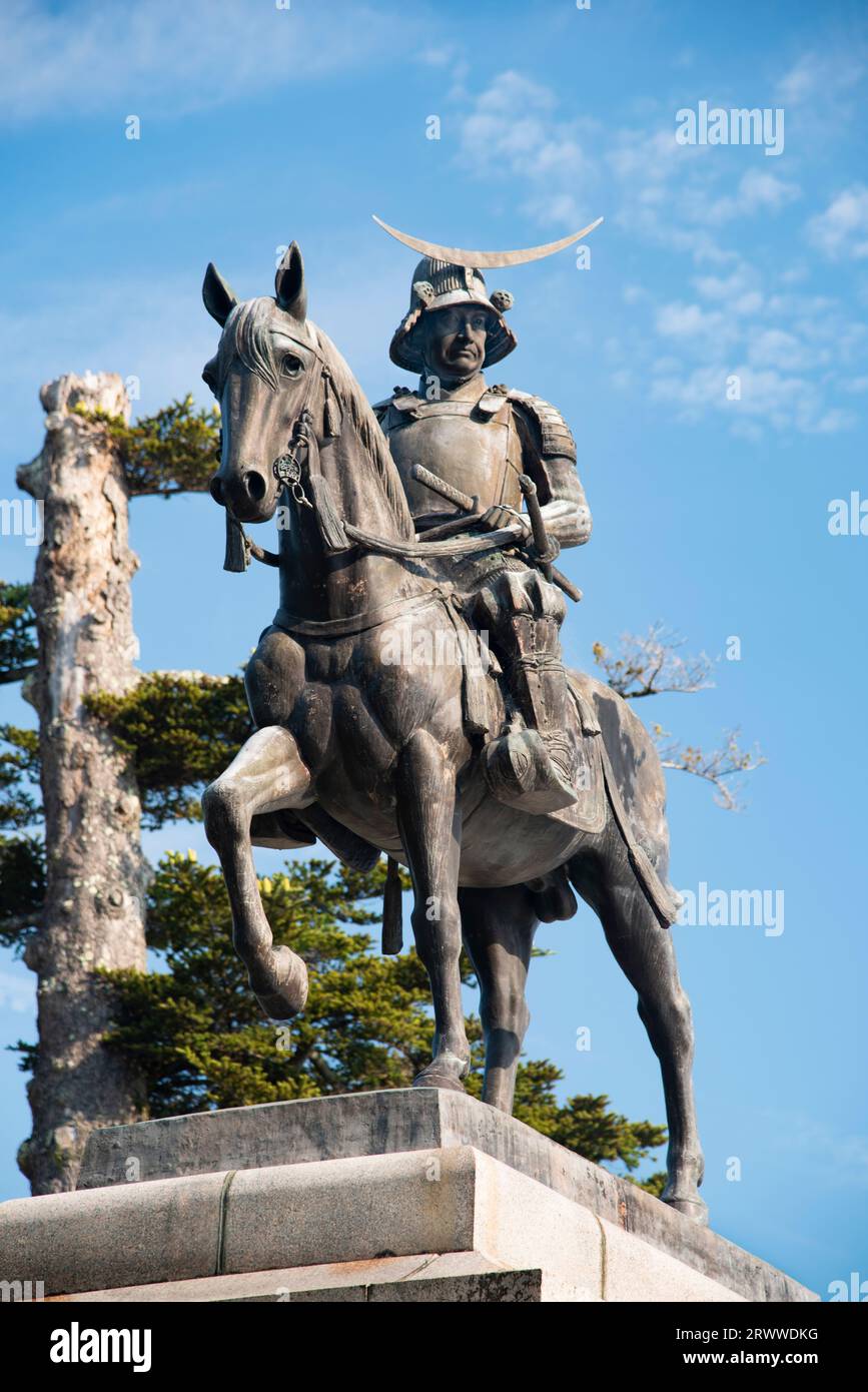 Statue von Date Masamune auf einem Pferd Stockfoto