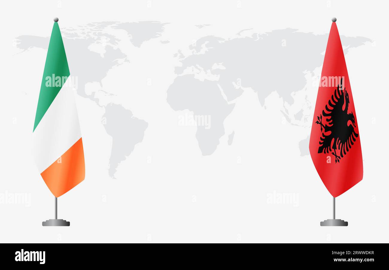 Irland und Albanien Flaggen für offizielles Treffen vor dem Hintergrund der Weltkarte. Stock Vektor