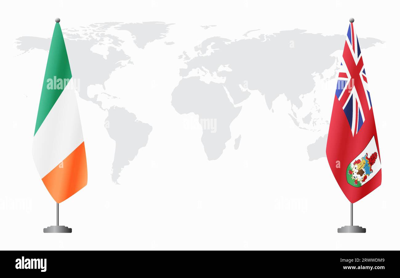 Irland und Bermuda Flaggen für offizielles Treffen vor dem Hintergrund der Weltkarte. Stock Vektor