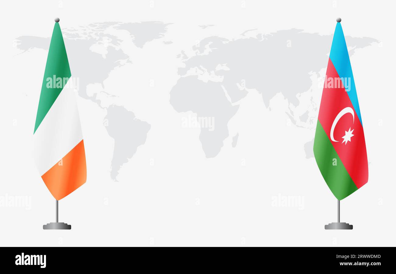 Irland und Aserbaidschan Flaggen für offizielles Treffen vor dem Hintergrund der Weltkarte. Stock Vektor