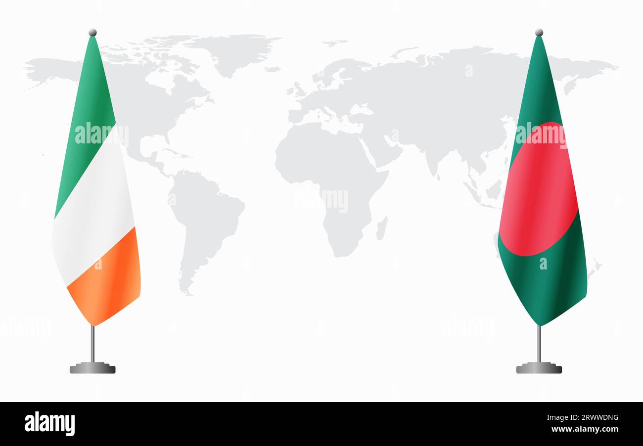 Irland und Bangladesch Flaggen für offizielles Treffen vor dem Hintergrund der Weltkarte. Stock Vektor