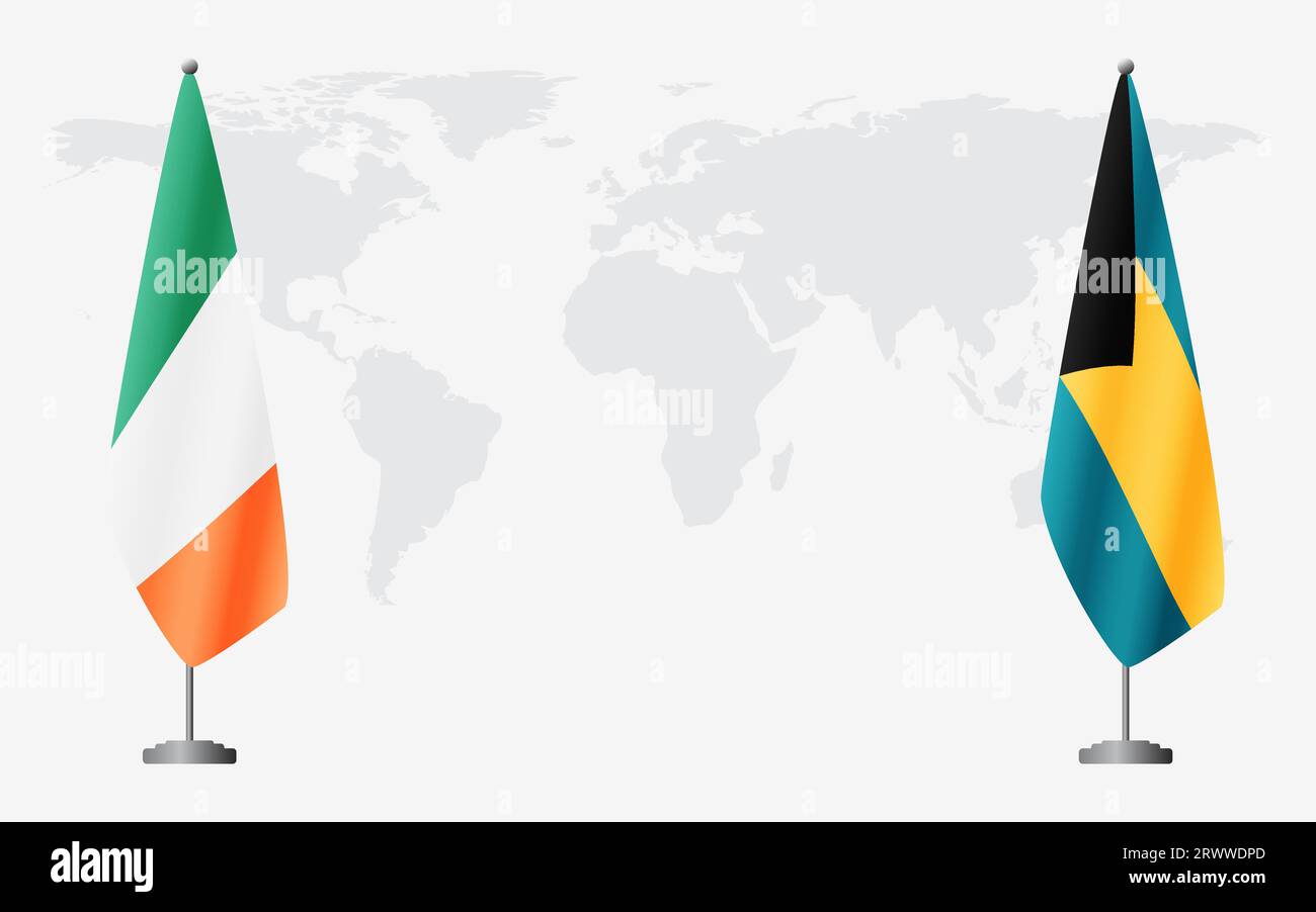 Irland und Bahamas Flaggen für offizielles Treffen vor dem Hintergrund der Weltkarte. Stock Vektor