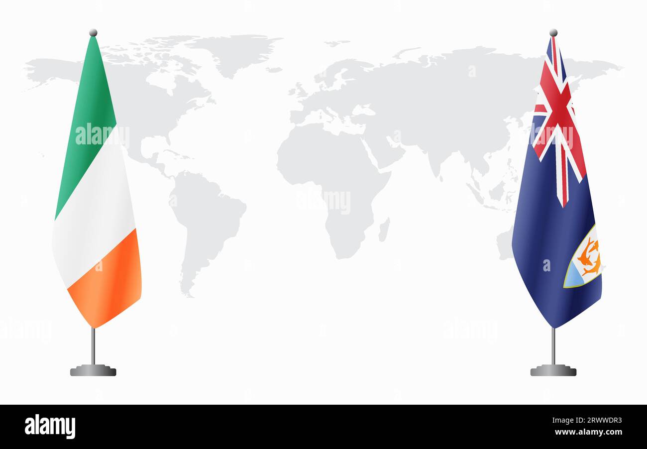 Irland und Anguilla Flaggen für offizielles Treffen vor dem Hintergrund der Weltkarte. Stock Vektor