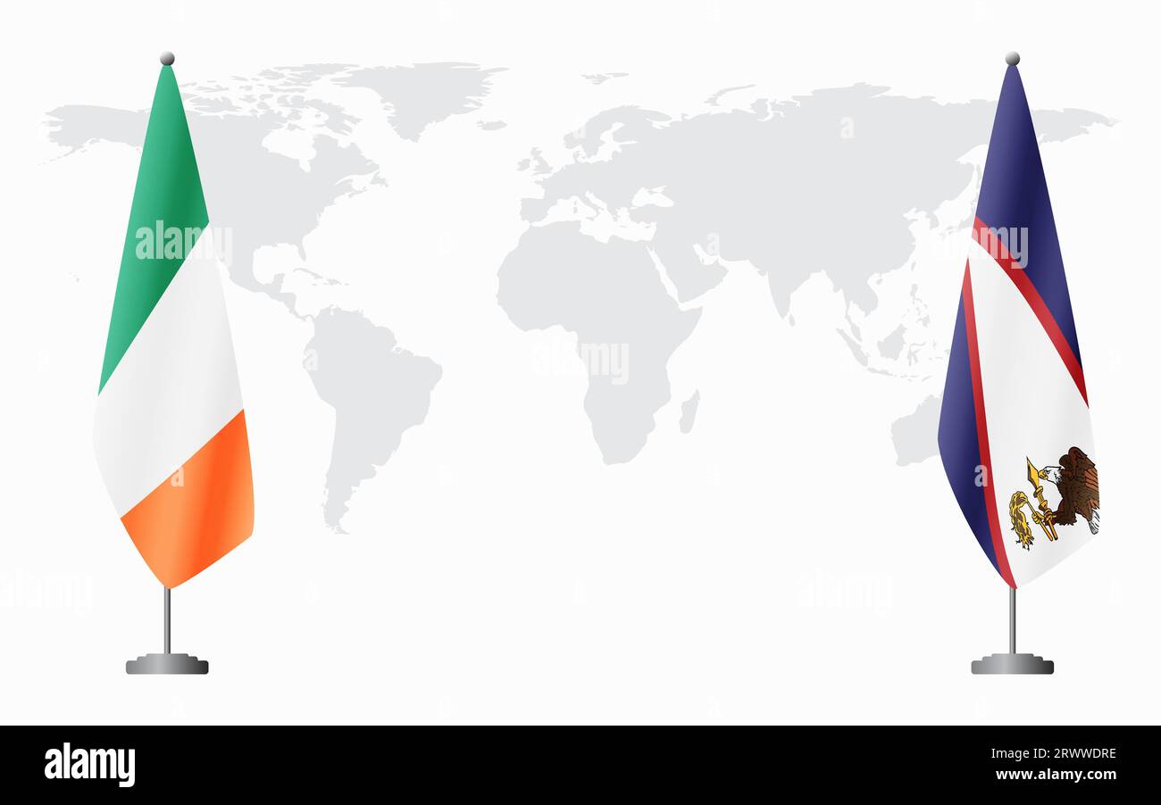 Irland und Amerikanisch-Samoa Flaggen für offizielles Treffen vor dem Hintergrund der Weltkarte. Stock Vektor