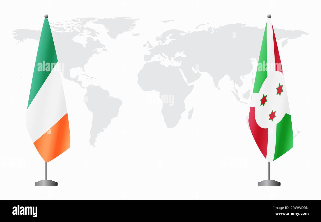 Irland und Burundi Flaggen für offizielles Treffen vor dem Hintergrund der Weltkarte. Stock Vektor