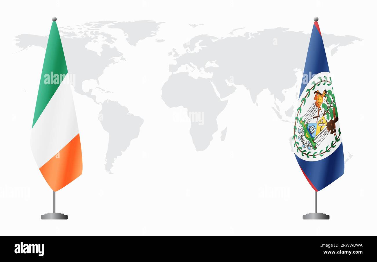 Irland und Belize Flaggen für offizielles Treffen vor dem Hintergrund der Weltkarte. Stock Vektor