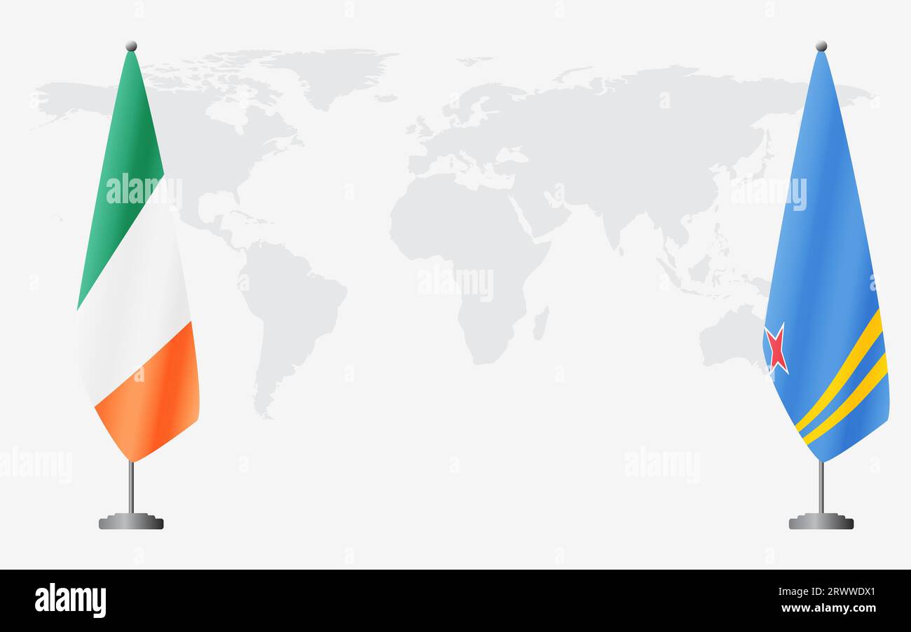 Irland und Aruba Flaggen für offizielles Treffen vor dem Hintergrund der Weltkarte. Stock Vektor