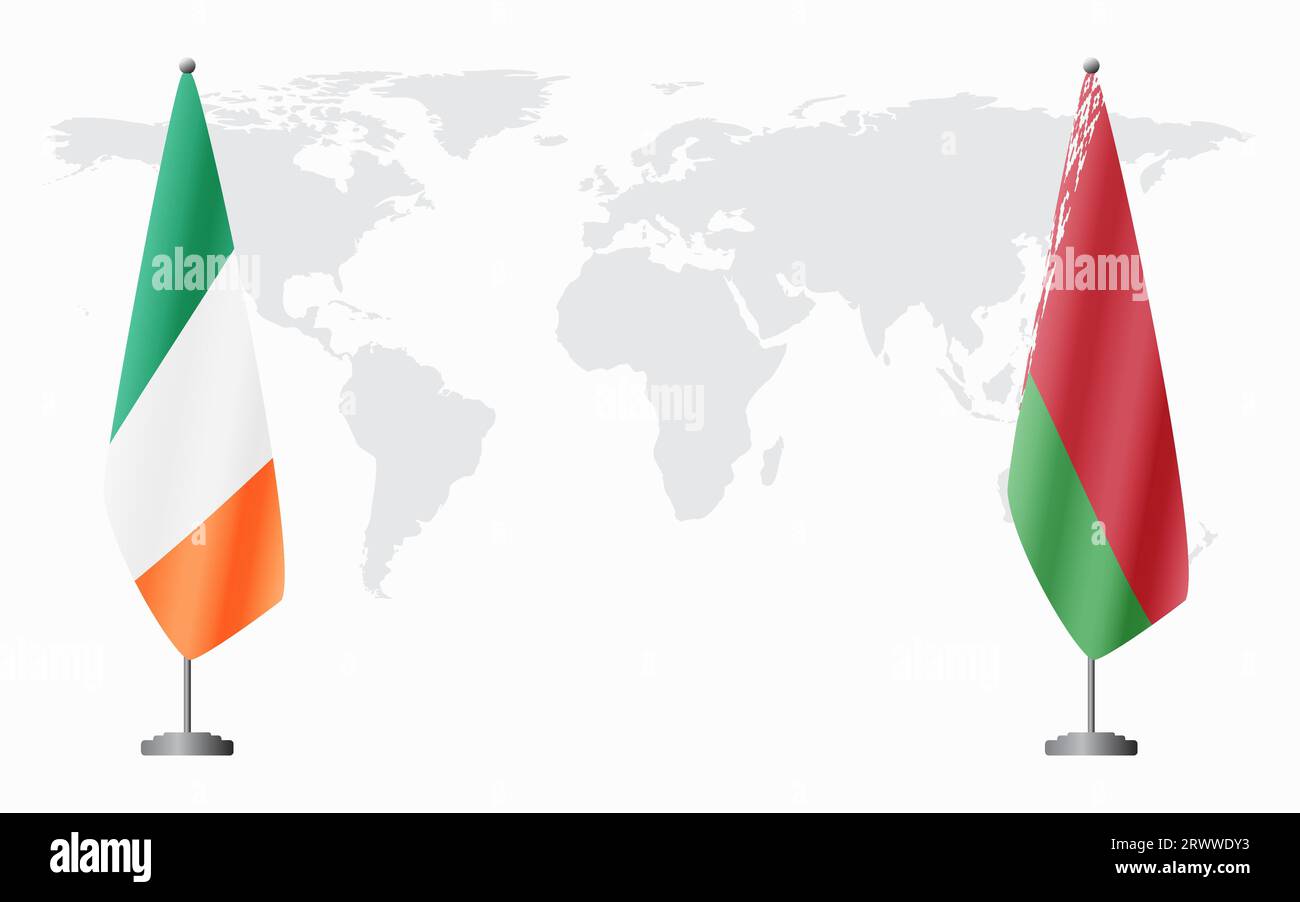 Irland und belarussische Flaggen für offizielles Treffen vor dem Hintergrund der Weltkarte. Stock Vektor