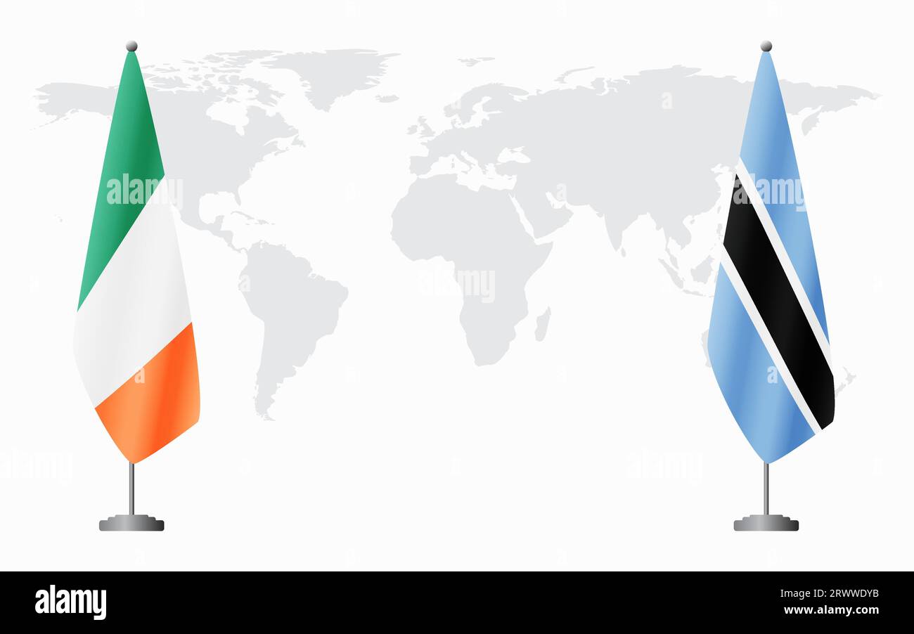 Irland und Botsuana Flaggen für offizielles Treffen vor dem Hintergrund der Weltkarte. Stock Vektor