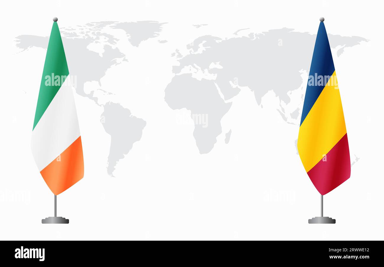 Irland und Tschad Flaggen für offizielles Treffen vor dem Hintergrund der Weltkarte. Stock Vektor