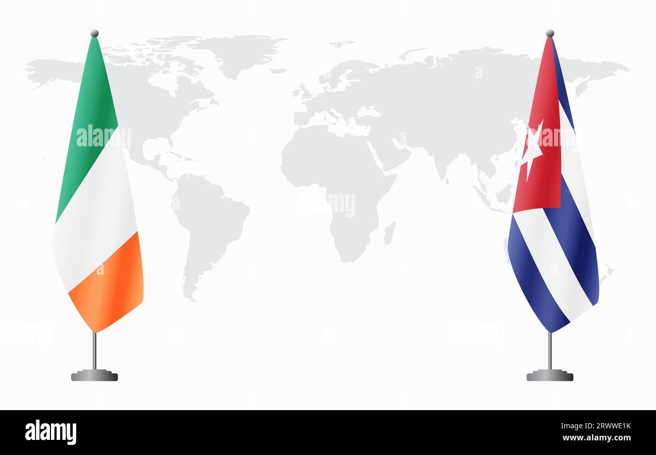 Irland und Kuba Flaggen für offizielles Treffen vor dem Hintergrund der Weltkarte. Stock Vektor