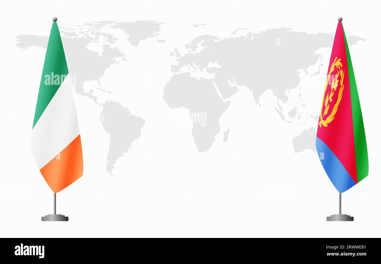 Irland und Eritrea Flaggen für offizielles Treffen vor dem Hintergrund der Weltkarte. Stock Vektor