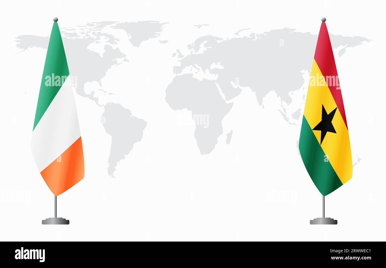 Irland und Ghana Flaggen für offizielles Treffen vor dem Hintergrund der Weltkarte. Stock Vektor