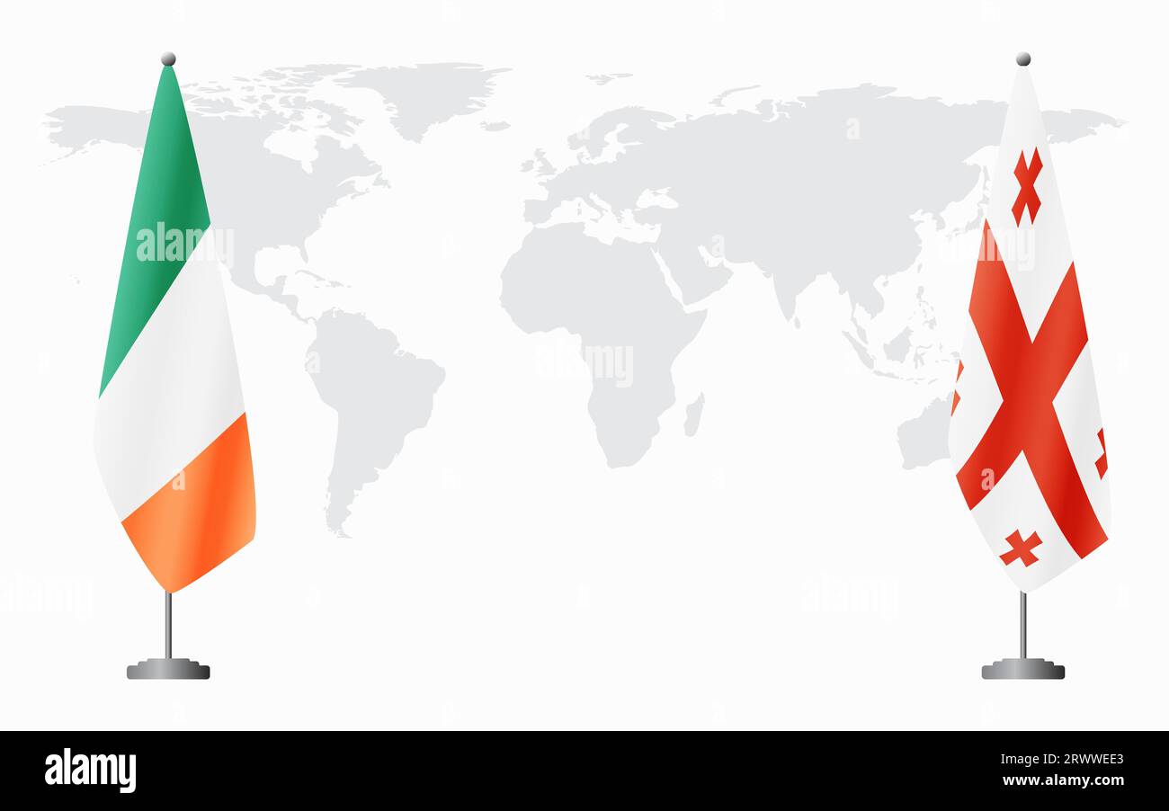 Irland und Georgien Flaggen für offizielles Treffen vor dem Hintergrund der Weltkarte. Stock Vektor