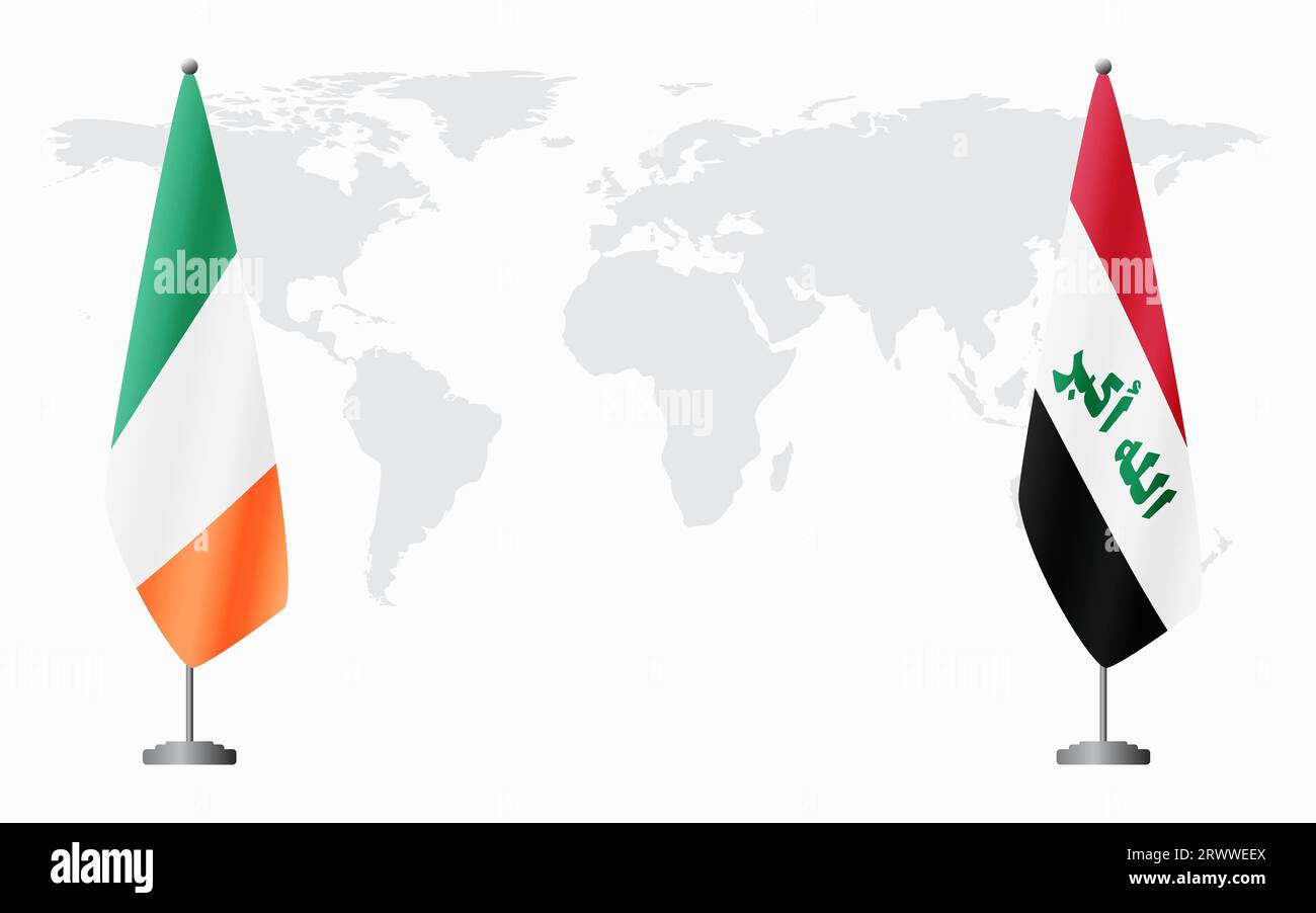 Irland und Irak Flaggen für offizielles Treffen vor dem Hintergrund der Weltkarte. Stock Vektor