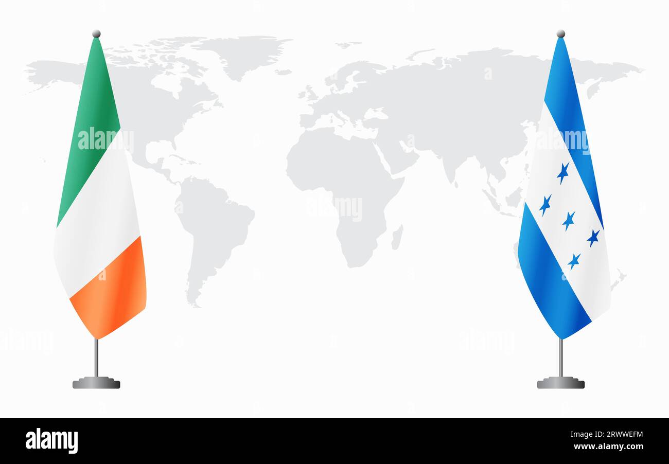 Irland und Honduras Flaggen für offizielles Treffen vor dem Hintergrund der Weltkarte. Stock Vektor