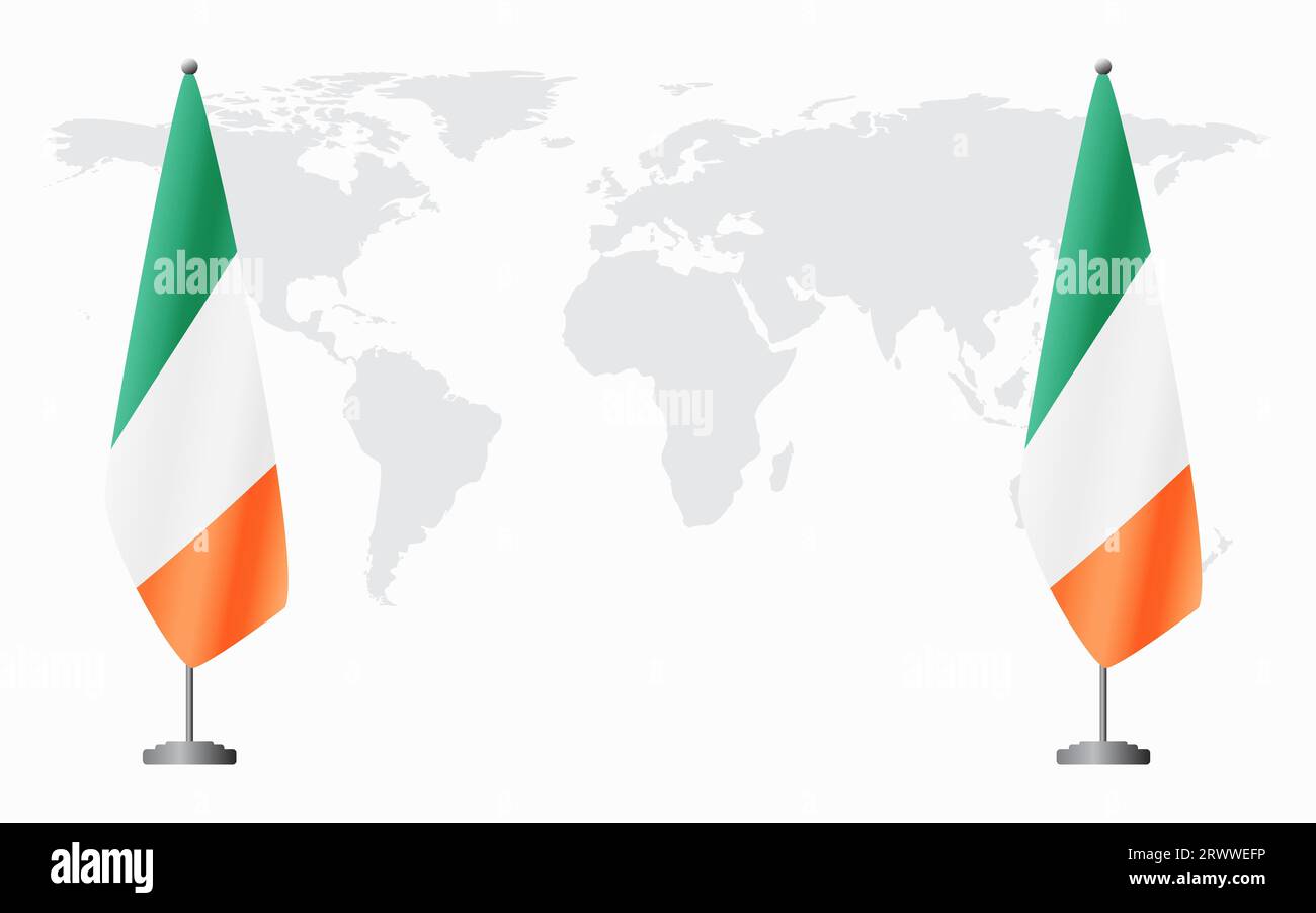 Irland und Irland Flaggen für offizielles Treffen vor dem Hintergrund der Weltkarte. Stock Vektor