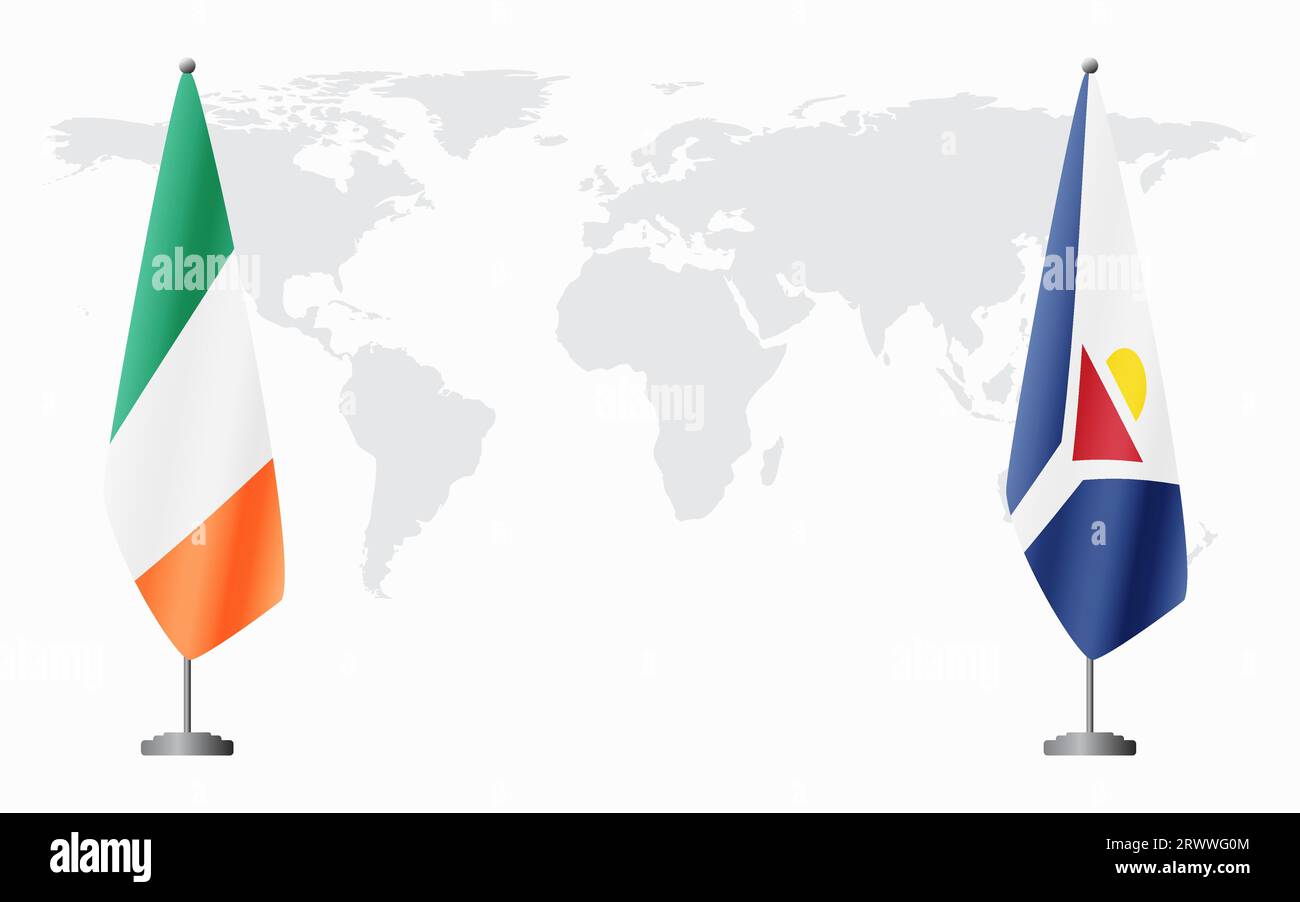 Irland und Saint Martin Flaggen für offizielles Treffen vor dem Hintergrund der Weltkarte. Stock Vektor