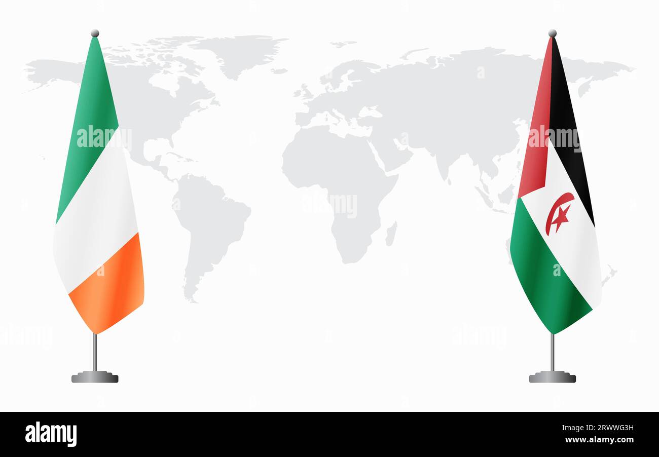 Irland und Sahrawi: Flaggen der Arabischen Demokratischen Republik zum offiziellen Treffen vor dem Hintergrund der Weltkarte. Stock Vektor