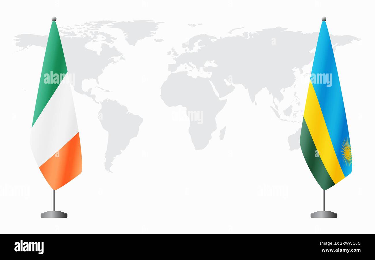Irland und Ruanda Flaggen für offizielles Treffen vor dem Hintergrund der Weltkarte. Stock Vektor