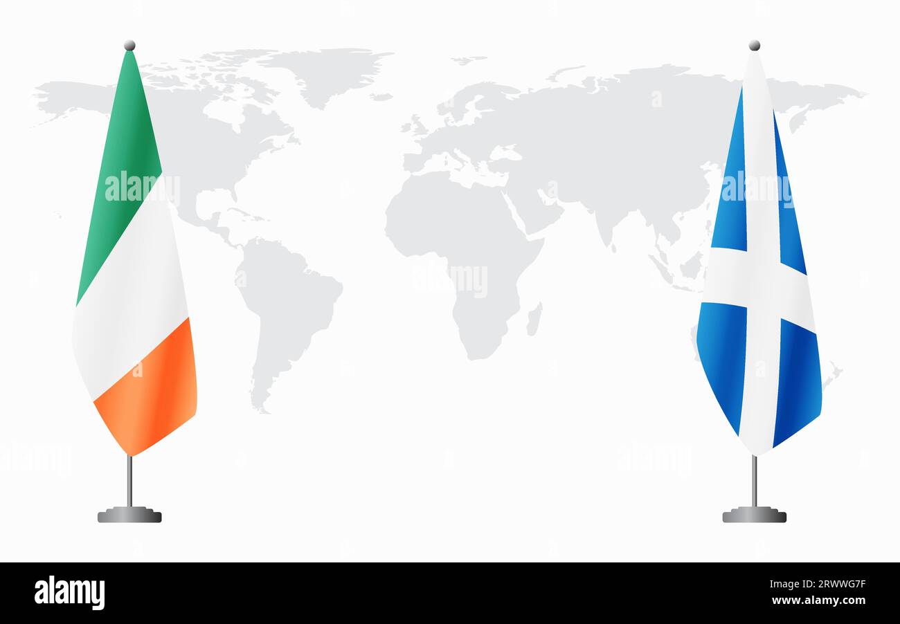 Irland und Schottland Flaggen für offizielles Treffen vor dem Hintergrund der Weltkarte. Stock Vektor